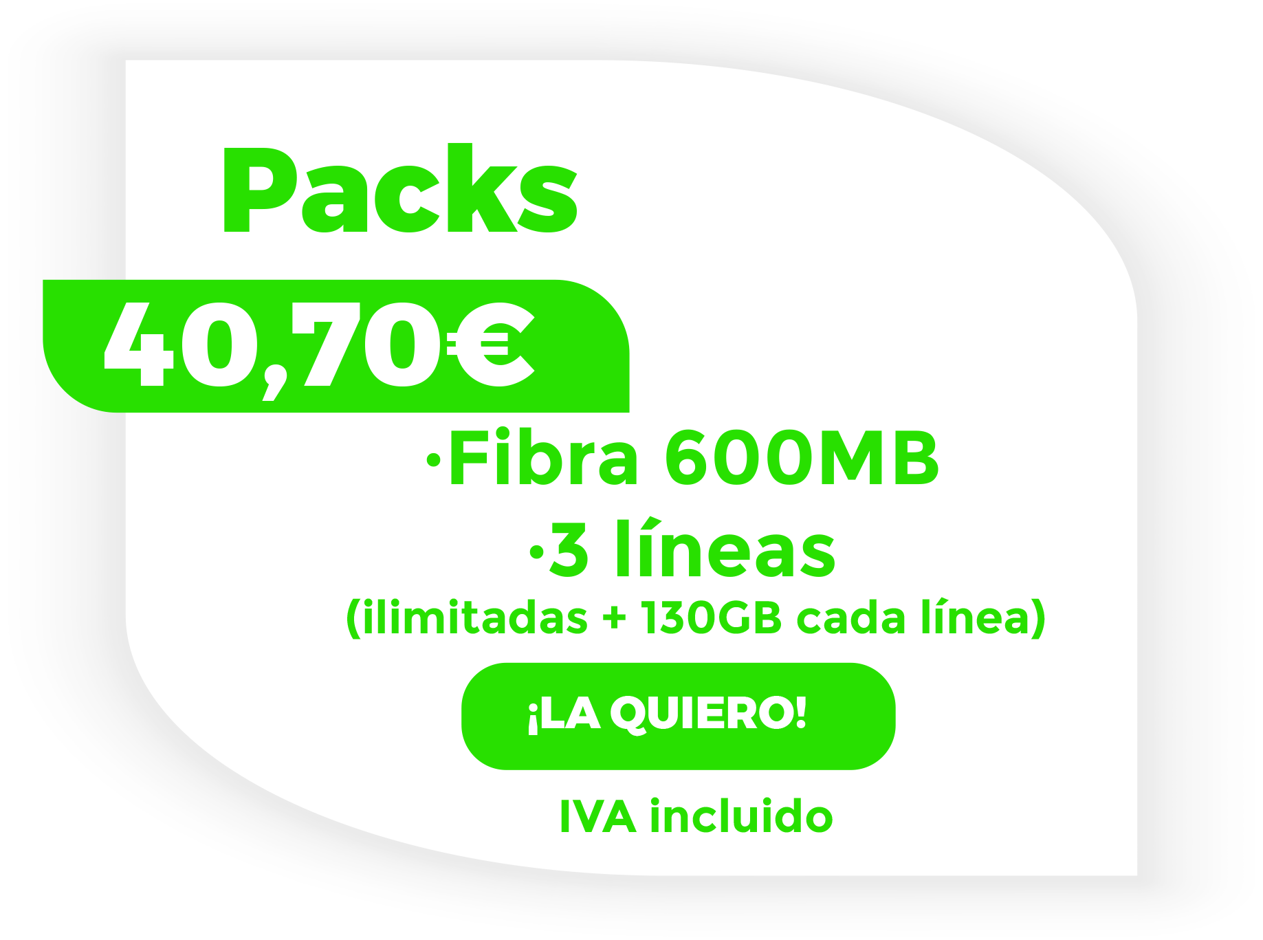 Tarifa pack con Fibra 500Mb + 3 líneas móvil con Ilimitadas y 100Gb por 40,70€